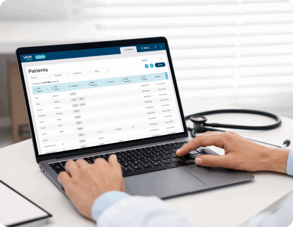 Provider portal showing patient list and vitals trends for remote monitoring